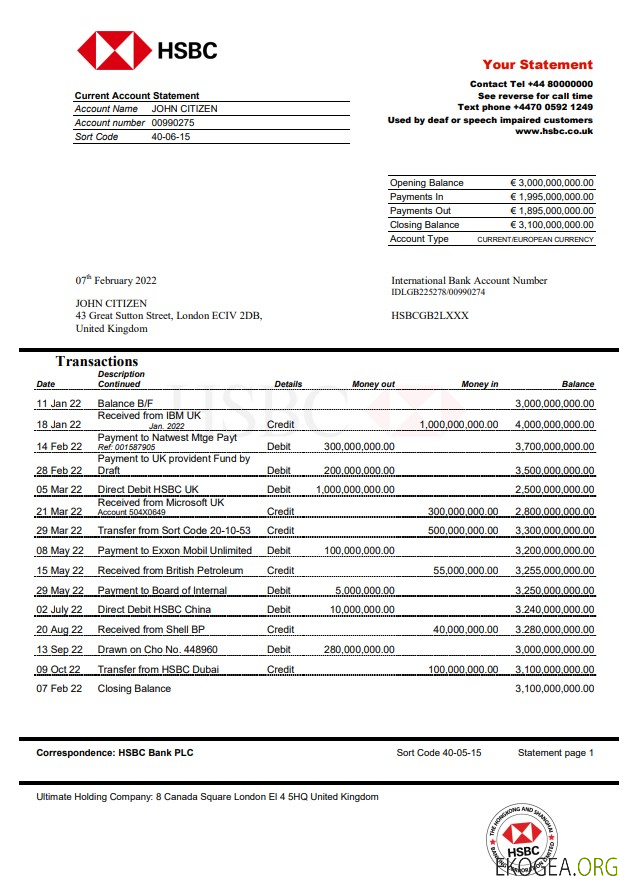 Modèle Word et PDF de relevé bancaire HSBC du Royaume Uni, version 2